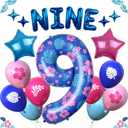 Blue Alien Birthday Decorations 40 Inch Number Balloon Set 9 with Letter Balloons, Star Foil Balloons and Printed Latex Balloons for Kids Cartoon Tropical Party Decor