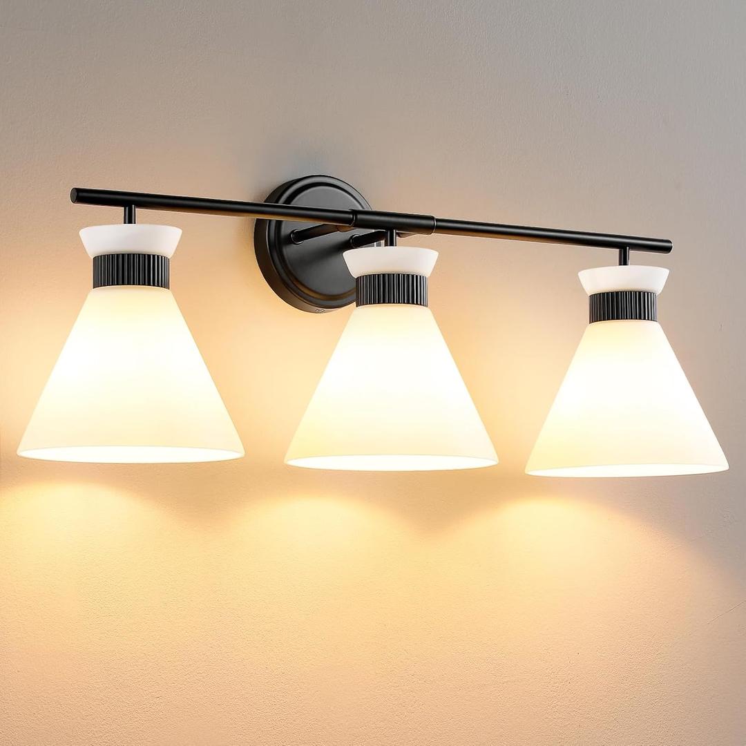 Black Bathroom Vanity Light Fixtures: Vanity Lighting Fixtures over Mirror 23.4 inch with Milky White Frosted Glass, 3-Lights Farmhouse Vintage Vanity Lighting Bathroom Wall Light(Exclude Bulb)