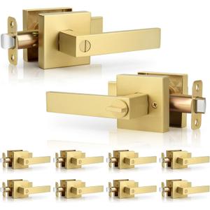 Gold Door Handles Without Key10 Pack BulkBrushed Gold Privacy Door Handle, Square Gold Bathroom Door Handles, Heavy Duty Satin Brass Front Door Handle for ClosetBathroom