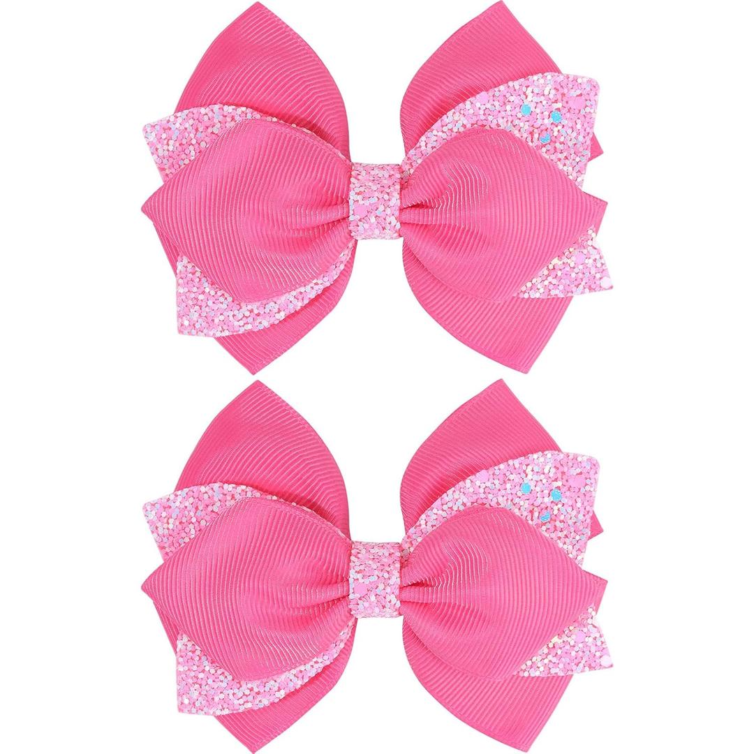 4 Inch Sparkly Glitter Pink Hair Bow Clips for Girls Boutique Sequin Alligator Barrettes Pins for Teens Toddler Children Kids Grosgrain Hair Accessories for Christmas Halloween Fall Birthday