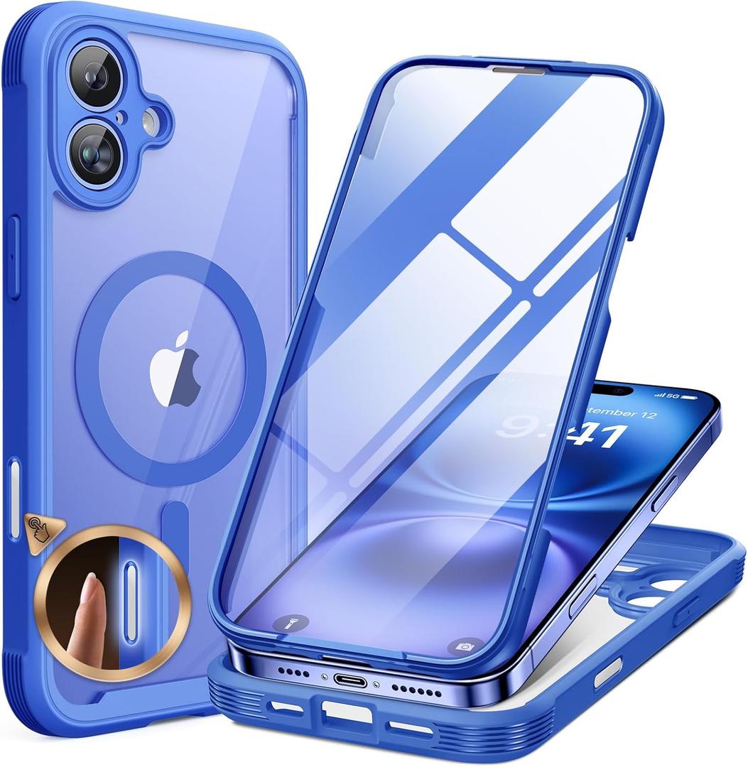 Miracase Magnetic for iPhone 16 Plus Case Full-Body Phone with Built-in Glass Screen Protector, [Compatible with MagSafe] Military Drop Proof 16 Plus Cover Bumper 6.7 inch, Blue