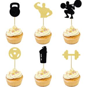 12 Pcs Fitness Cupcake Toppers- Glitter Weightlifting umbbell Cupcake Decorations for Fitness Theme Party, Birthday Party Cake Decor Supplies