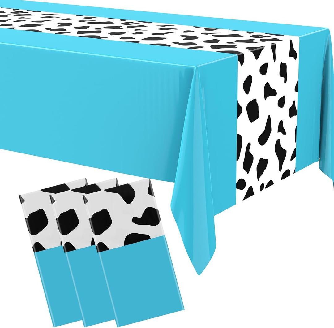 6 Pcs 54 x 108 Inch Cowgirl Cowboy Tablecloth for Cow Print My First Rodeo Party Decorations, Western Highland Cow Farm Disco Plastic Rustic Table Runner Cover for Birthday Wedding(Light Blue)