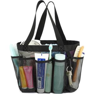 Mesh Shower Caddy Portable for College Dorm Room Essentials, 8-Pocket Large Shower Basket Tote Bag with 2 Handles for Toiletry, Bathroom, Beach, Camp, Gym (Multiple Pockets-Black)