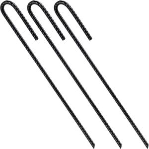 Wensilon Rebar Stakes U/ J Hook Extra Heavy Duty, (50pcs) 12 inch x 1/ 4 inch Rust Proof Coated Steel Ground Stakes Ground Anchors, Garden Stake Metal Stakes Tent Stakes Trampoline Anchors (J-Hook)