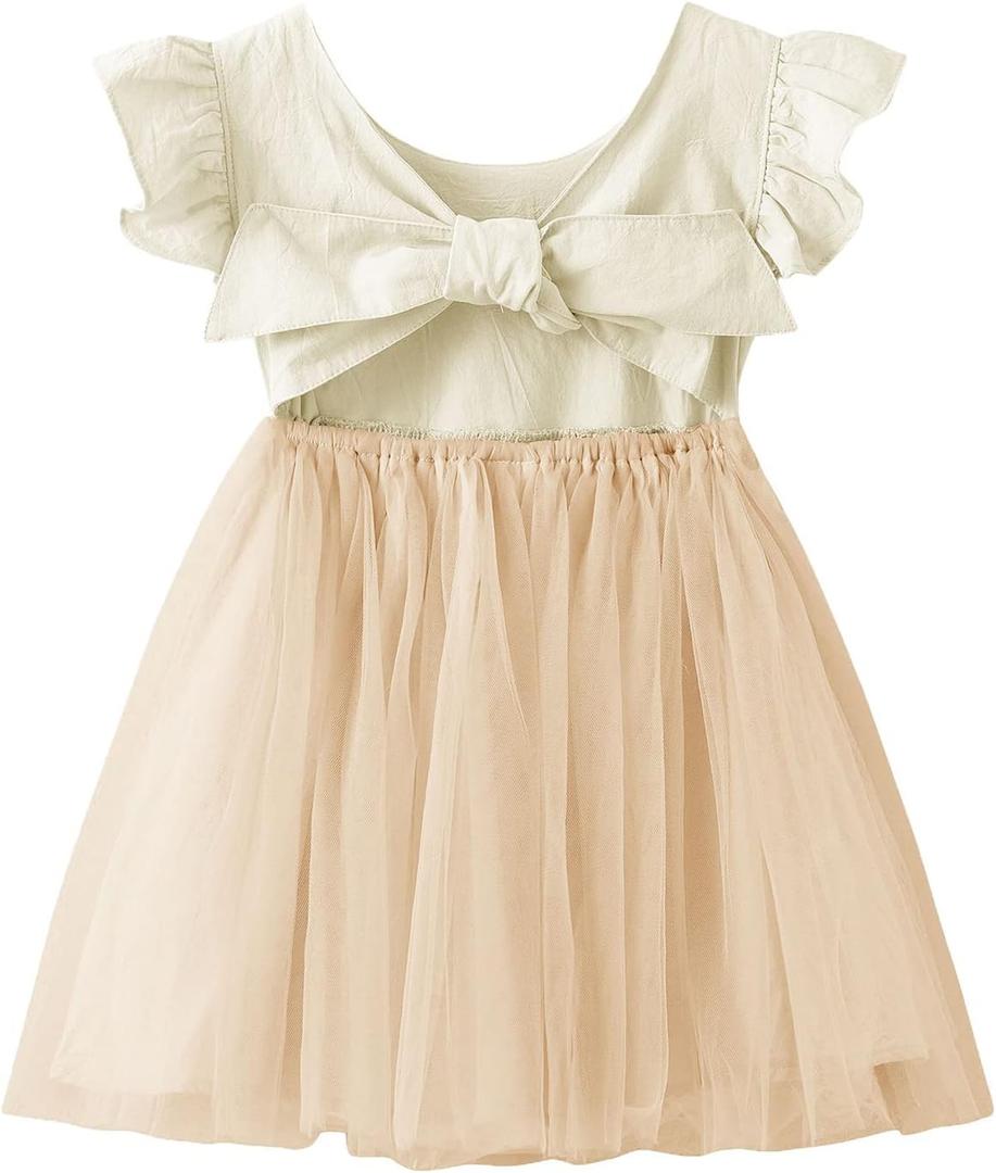 Dutebare Toddler Girls Tulle Tutu Dress Linen Ruffle Tie Back Sleeveless Kids Princess Party Dresses (3T, Beige)