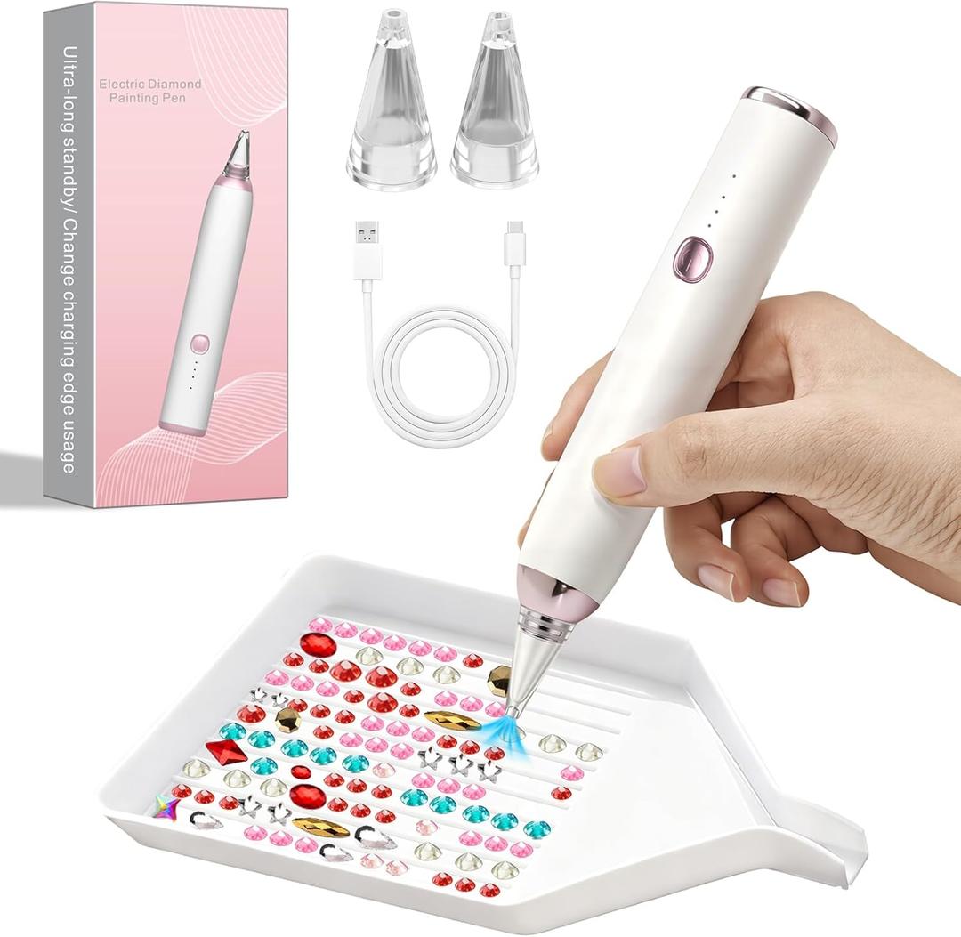 QIDUHUQI Electric Diamond Painting Pen, Diamond Art Vacuum Pen with Round and Square Nozzles, 3 Powerful Suction Modes, Cordless Diamond Art Accessories for Home Crafting and Gifts (Snowy White)