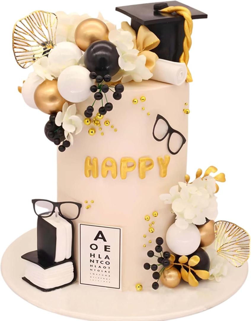 Graduation Cake Topper, Qoadwem 24pcs Graduation Cap Cake Toppers Class Of 2025 with Large Diploma Flowers Balls Cake Decor for Grad Party