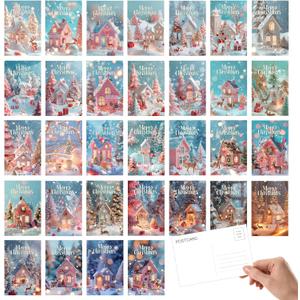 2 x 32 Christmas Postcards, Dreamy Snow Cottage Pattern, Winter Postcards Miniature Scenes Style Set, Xmas Cards for Holiday Wishes Party Favors, 4 x 6 Inch