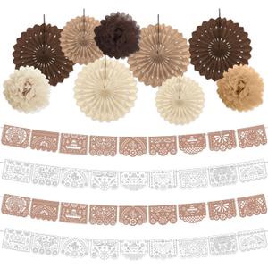Cielito Lindo Party Decoration, Papel Picado Banner with Tissue Paper Fans and Flowers, Mexican Fiesta Birthday Wedding Cinco de Mayo Party Supplies (Cream, Khaki, Brown)