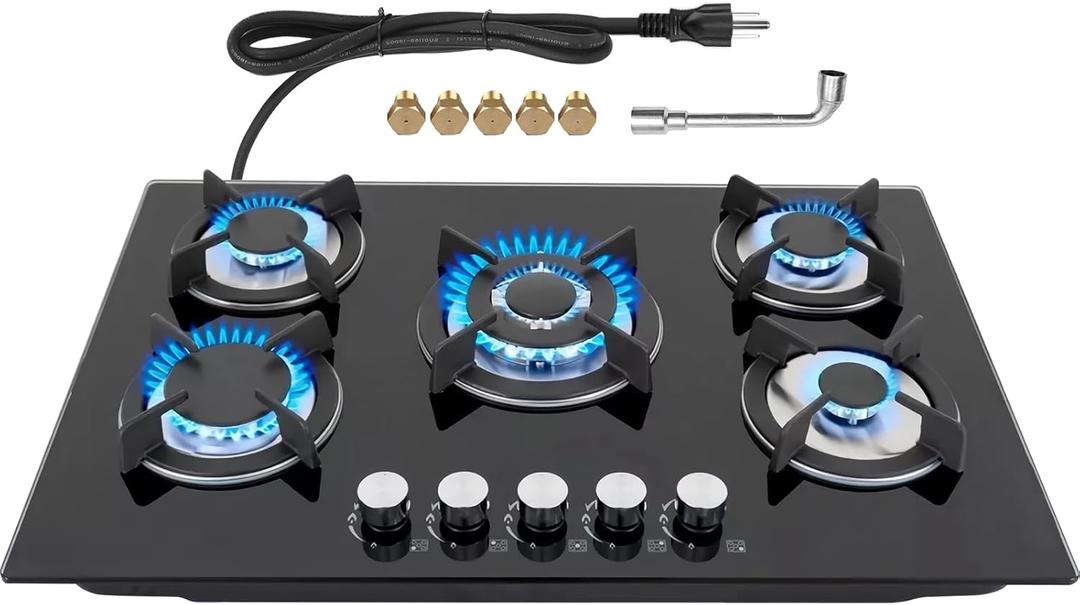 Gas Stove 30inch 5 Burners, Built-in Gas Stovetop with NG/LPG Conversion Kit, Glass Top Gas Burner (30in x 20.5in)