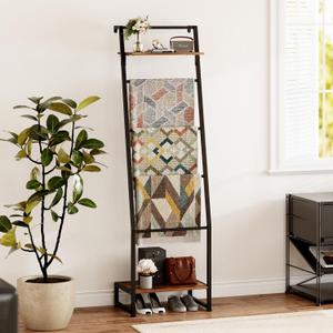 Blanket Ladder, with Top and Bottom Shelf, 6-Tier Wall-Leaning Blanket Farmhouse Shelf Rack for Storage and Home Decor, Freestanding Rack for Bathroom, Rustic Brown and Black