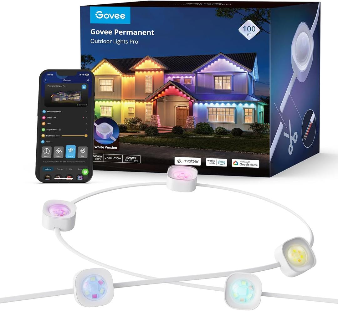 Govee Permanent Outdoor Lights Pro, 100ft with 60 RGBIC LED Lights for Daily and Accent Lighting, 75 Scene Modes for Outdoor Decor, IP67 Waterproof, Works with Alexa, Google Assistant, Matter, White Govee Permanent Outdoor Lights Pro, 100ft with 60 RGBIC LED Lights for Daily and Accent Lighting, 75 Scene Modes for Outdoor Decor, IP67 Waterproof, Works with Alexa, Google Assistant, Matter, White