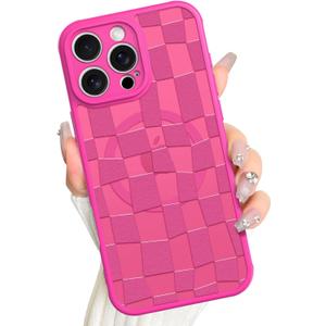 AIGOMARA Magnetic for iPhone 16 Pro Max Case, Compatible with Magsafe Cute Hot Pink Checkered Pattern Screen Protector Camera Protection Matte Translucent Checkerboard Phone Case for Women Girls