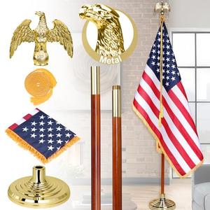 XIFAN Deluxe 7 FT Indoor American Flag and Pole Set - Solid Oak Pole, Metal Eagle Topper, Gold Fringed US Flag, Base Stand, Cord Tassel, for Lobby, Office, Auditorium, Conference Room - 7.6 FT Total
