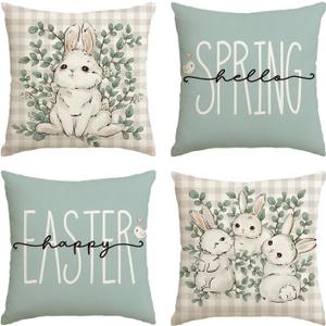 AVOIN Colorlife Happy Easter Buffalo Plaid Rabbit Throw Pillow Cover, 20 x 20 Inch Eucalyptus Leaves Hello Spring Cushion Case Decoration for Sofa Couch Set of 4 (Blue)