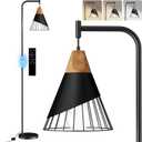 67" Industrial Floor Lamp with Wood & Black Metal Shade, Modern Standing Lamp, Rustic Farmhouse Tall Lamp for Living Room Bedroom Office, 2700K Bulb & Foot Switch Included (Black + Remote Control)