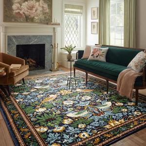 Strawberry Thief Area Rug Dark Green, Ultra Thin 8x10 Washable Carpet, Modern Abstract Indoor Entryway Rug, Boho Vintage Floral Forest Large Rug for Bedroom Kitchen Dining Living Room Office