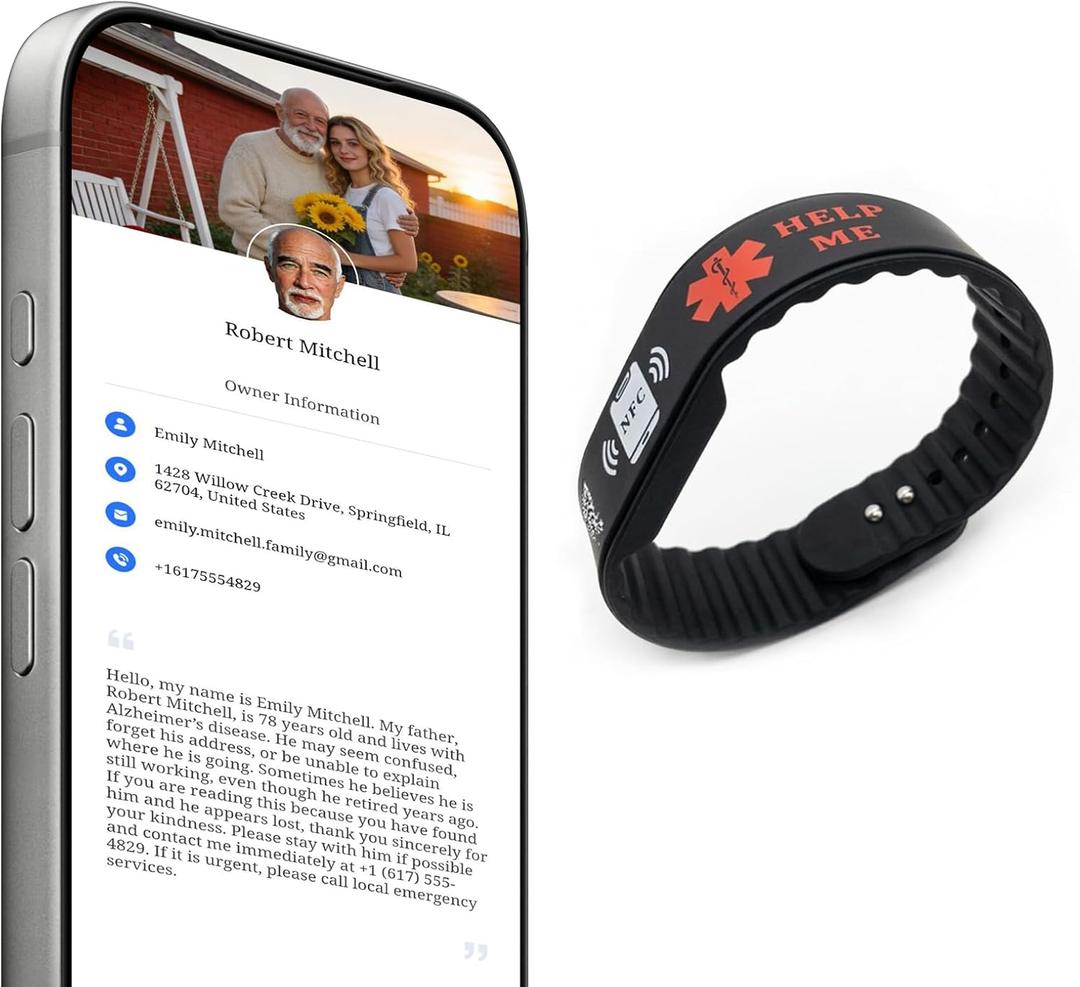 NFC & QR Code Medical ID Bracelet for Alzheimer's, Autism, Dementia - Emergency Contact Silicone Wristband with Real-Time Location Alert Upon Scan to Family - No App Needed