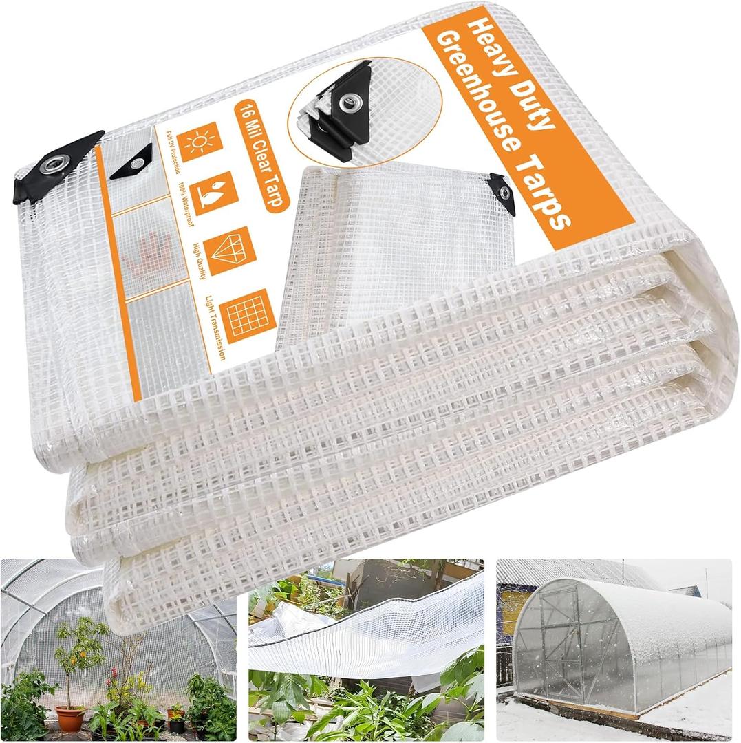 16 Mil Greenhouse Cover, Clear Plastic Tarps Heavy Duty Waterproof 10x20,UV Resistant Poly Clear Tarps with Grommets, Greenhouse Heavy Duty Tarp for Gardening, Farming, Nursery, Garden