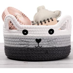 Zopeal Cat Basket Storage Woven Organizer with Ears Christmas Decorative Pet Toy Cute Cotton Rope Basket for Gift Cat Dog Toy Bin Nursery Room(8.3 x 4.7 Inch,White, Light Gray and Gray)