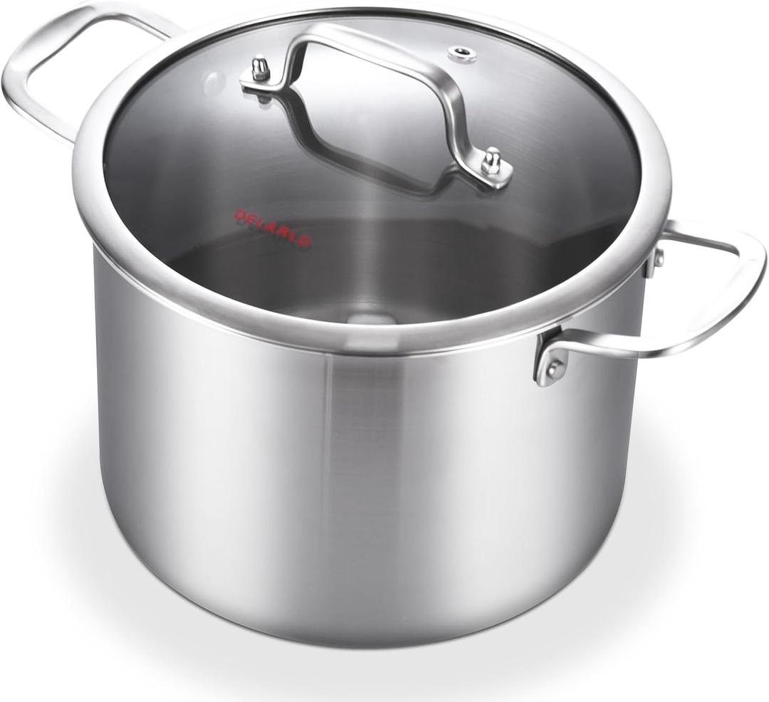 DELARLO Tri-Ply Stainless Steel 8 Quart Stock Pot, Heavy-Duty, All Stove Compatible, Up to 600 Soup Pot with Lid, 18/10 Induction Big Stockpot with Lids, Large Stainless Steel Induction for Cooking, 8QT Stockpot