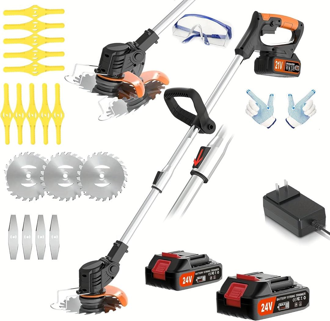 24V Cordless Lawn Edger and Weeder, Battery Powered Garden Trimmer Tool, Retractable Electric Mower with Accessories