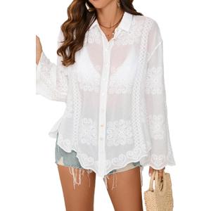 Women's Gradient Color Swimsuit Cover Up Long Sleeve Shirt Blouse Boho Beachwear