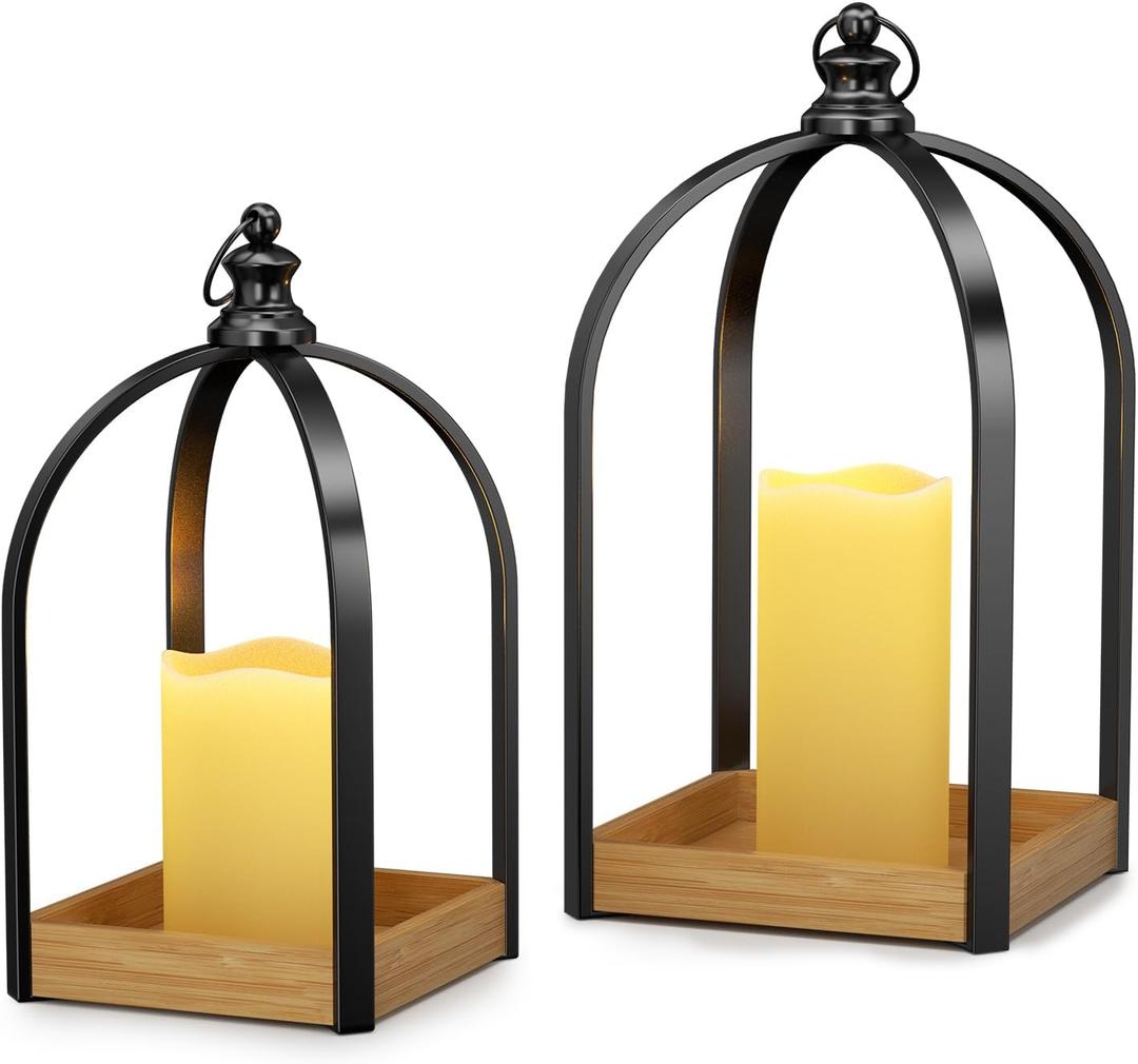 Decor Modern Farmhouse Lantern Decor Set of 2, Black Metal Candle Lanterns, Wooden Lanterns Decorative w/Timer & Remote-Controlled Flickering Candles for Home, Indoor, Table, Fireplace Mantle Décor