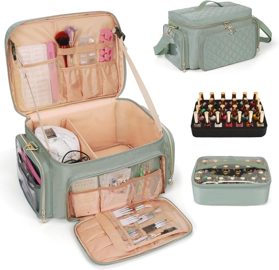 Bagmoly Nail Polish Organizer, Nail Polish Storage Holds 50-70 Bottles & Nail Lamp, Portable Travel Nail Kit Storage Carrying Case Fits Nail Suppiles, Gift for Manicurist, Grils (Green)