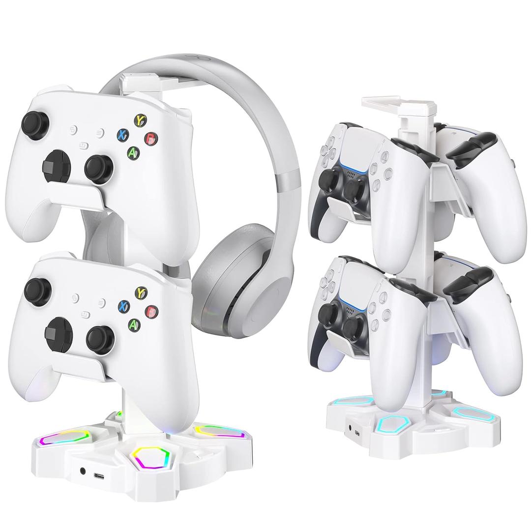 KDD Gaming Headphones Stand, Rotatable Headset Stand with Light Modes - Controller Holder with 2 USB Charging Ports and 3.5mm - Earphone Hanger Accessories for Desktop Gamer(White)