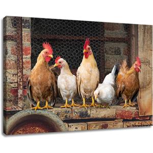 Chicken Farm Picture Wall Art, Rustic Animal Rooster Print on Canvas for Farmhouse Brown Kitchen Decor 36 x 24