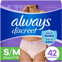 Always Discreet Adult Incontinence Underwear for Women and Postpartum Underwear, Small/Medium, Up to 100% Bladder Leak Protection, 42 Count