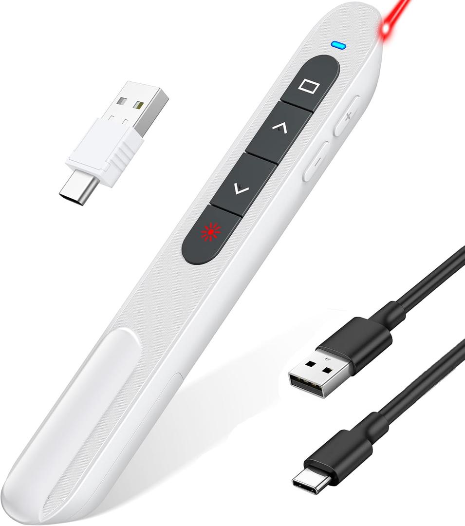 Rechargeable Presentation Clicker USB C Wireless Presenter Remote with Volume Control, RF 2.4GHz White Computer Presentation Remote PowerPoint Clicker Slide Advancer for Teachers Office (White Rechargeable Presentation Clicker USB C Wireless Presenter Remote with Volume Control, RF 2.4GHz White Computer Presentation Remote PowerPoint Clicker Slide Advancer for Teachers Office (White