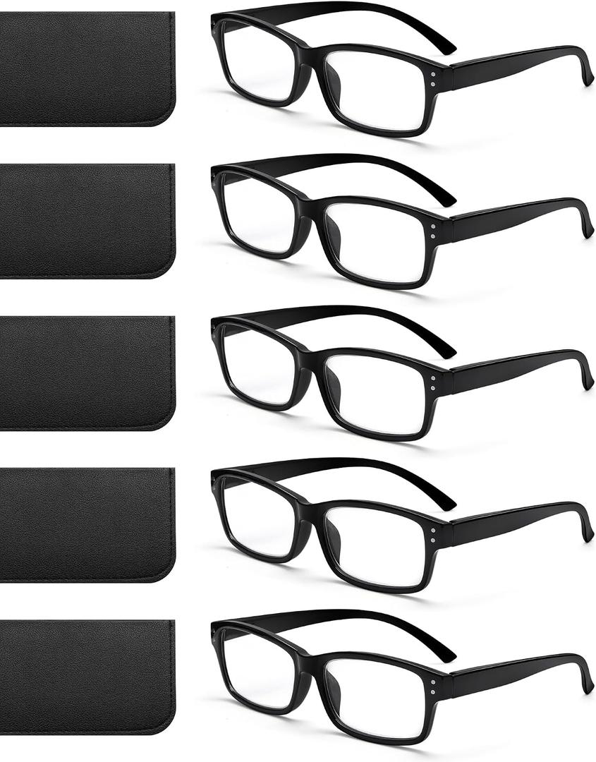JOLISU Reading Glasses for Men - 5 Pack Classic Readers with Spring Hinge Black Frame, Blue Light Blocking Computer Glasses（1.25）