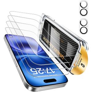 UNBREAKcable for iPhone 16 Screen Protector 4+2 Pack [9H+ Military-Grade Shatterproof] [Effortless Bubble-Free Installation] Ultra HD Clarity Tempered Glass with Lens Protector, Case friendly