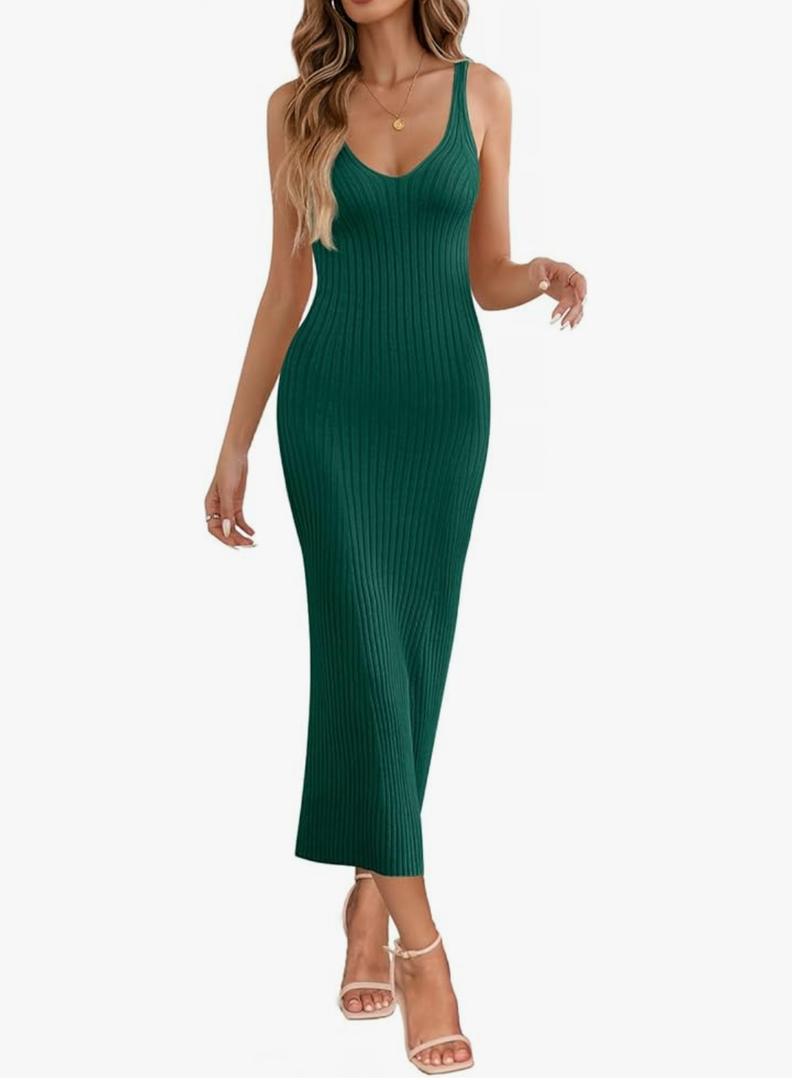 MEROKEETY Womens 2025 Summer Spring V Neck Knit Midi Dress Bodycon Casual Sleeveless Ribbed Sweater Dresses Green ,Size S