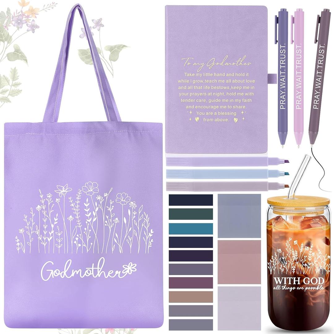 Talltalk 14 Pcs Godmother Appreciation Gift Set for Women 16oz Glass Canvas Bag A5 Journal Ballpoint Pen Notes Highlighter for Mom Birthday Wishes(Purple)