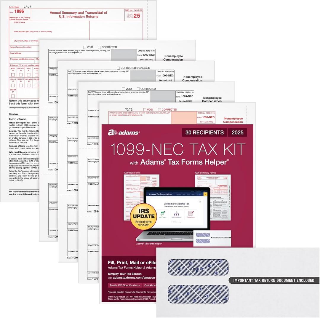 Adams 1099 NEC Forms 2025, 4-Part Kit for 30 Recipients, Includes 30 Envelopes, 3 1096 Forms, QuickBooks Compatible, eFile Access and Printing Through Adams Tax Forms Helper Software (1017234)