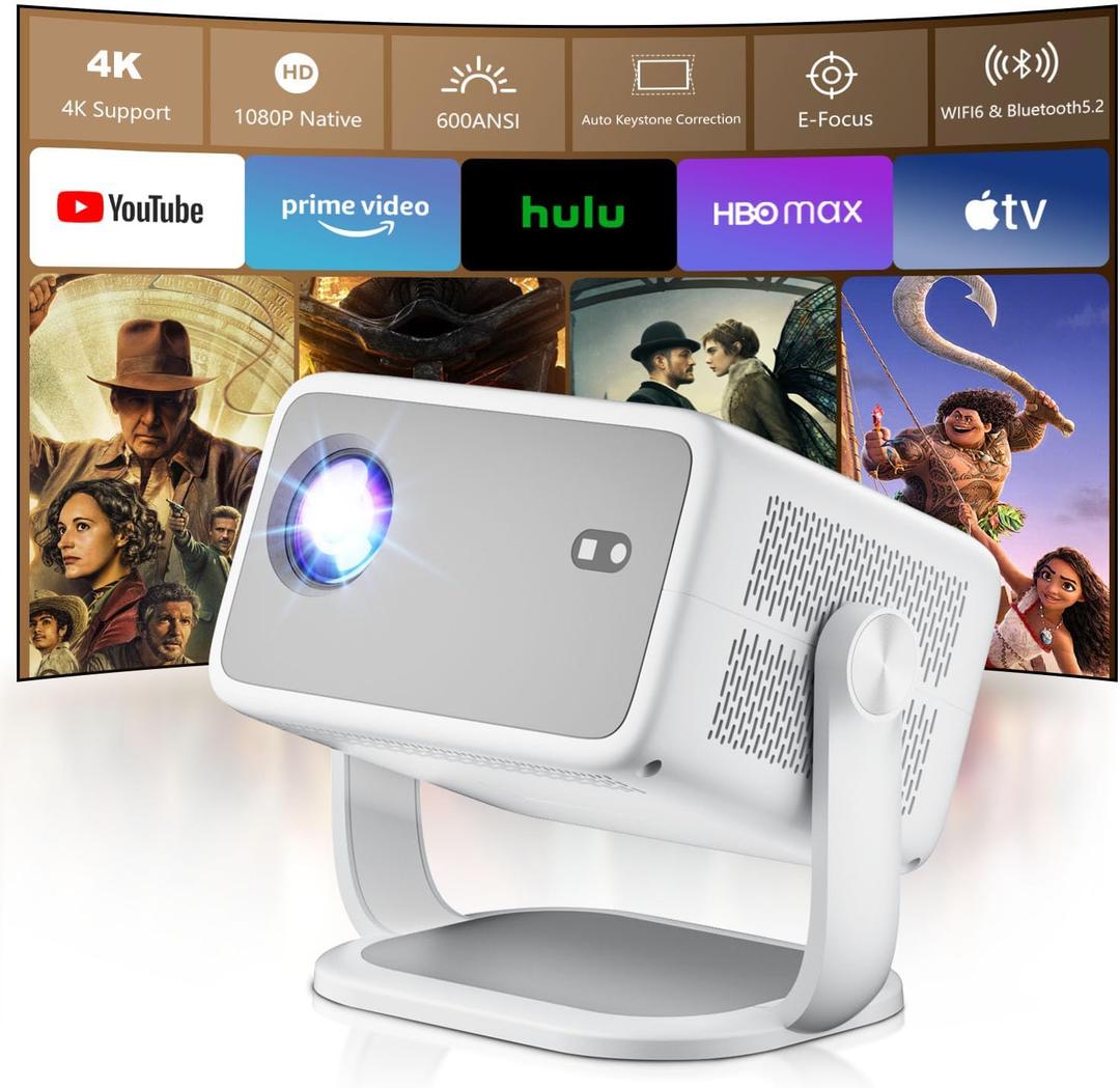 Smart Projector with Built in Apps - 2025 Outdoor Projector 4k, Native 1080P Projector with Wifi Bluetooth, 600 ANSI Proyector, Electric Focus & Auto Keystone, Compatible w Android/Phone/TV Stick