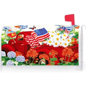Texupday Patriotic American Red Truck Daisy Floral Memorial Day Mailbox Cover with Magnetic Strip July 4th Mailbox Wraps Post Letter Box Cover Standard Size 21" X 18" for Garden Outdoor Yard Decor