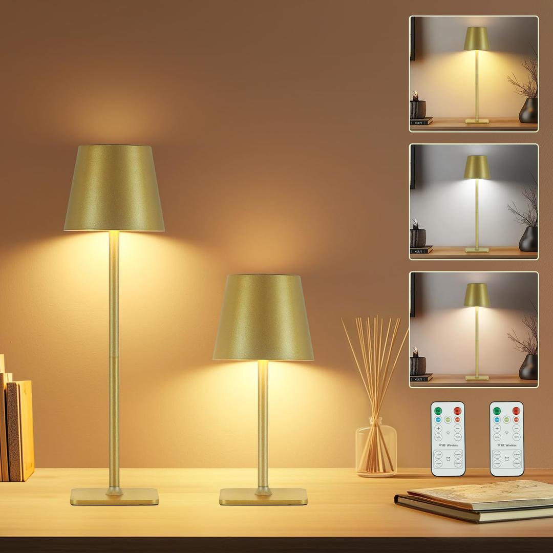 Czgor Rechargeable Cordless Table Lamp with Remote 2 Pack, 5200mAh Battery Operated Desk Lamp with Timer, 3-Color Stepless Dimming Wireless Desk Lamp, Portable Table Lamp for Bedroom Restaurant (Gold)