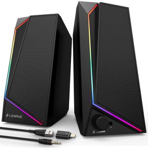 LENRUE Computer Speakers, USB/USB-C Powered PC Speakers with Loud Stereo Sound, Headphone-in for Desktop, iMac, MacBook, Laptop, Monitor (USB-C to USB Adapter Included) (Black)