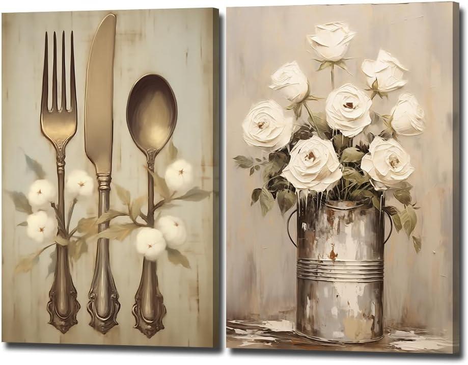 Kitchen Canvas Wall Art 2 Pieces Flower Tableware Picture Wall Art Vintage Kitchenware Painting Prints Dining Room Decors(Vintage-1,16x24inchx2 Pieces (40x60cmx2 Pieces))