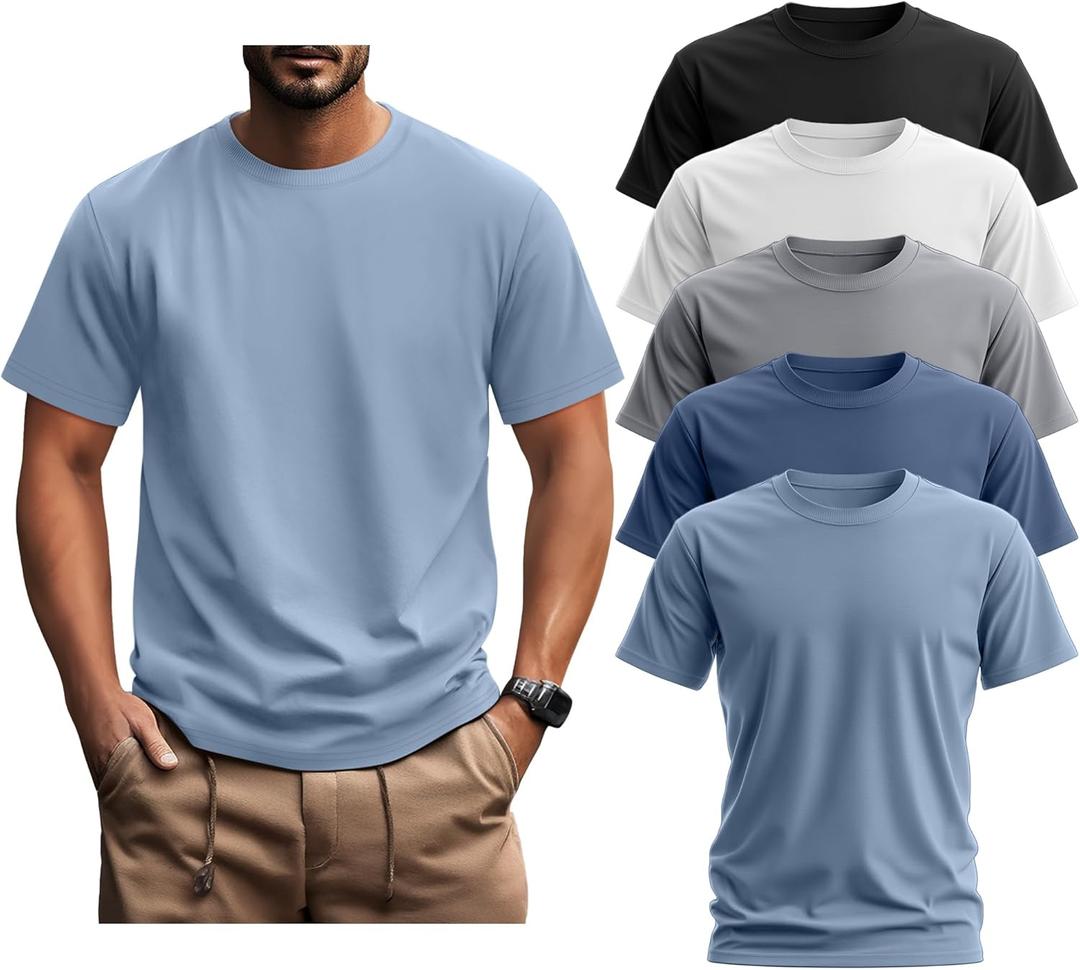 Ficerd 5 Pack Men's Big and Tall Shirts Short Sleeve Cotton Tee Summer Crew Neck Oversize Top Loose Fit Shirt Multipack(Black, White, Light Gray, Haze Blue, Light Haze Blue, 4X-Large)