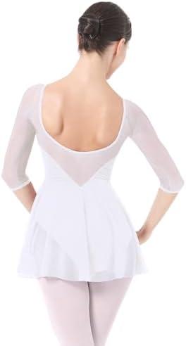 IBAKOM Ballet Leotards Dress for Women 3/4 Mesh Sleeve V Neck Scoop Back Gymnastics Leotard Slim Fit Ballerina Dance Leotard M