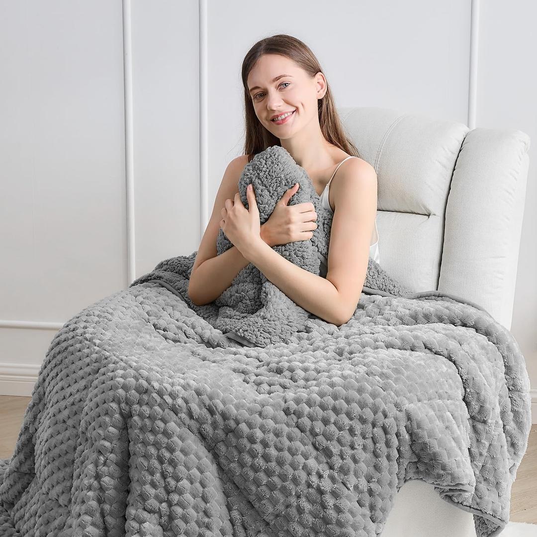 Wemore Fleece Weighted Blanket for Adults (48" x 72" 15lbs, Grey), Dual Sided Cozy Soft Sherpa Heavy Blanket, 3D Imitation Turtle Shell Warm Jacquard Flannel Weighted Blankets for Couch and Bed