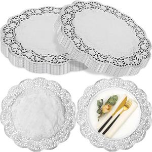 Yexiya 200 Pcs Doilies Lace Paper Doilies 14 Inches Disposable Foil Lace Placemats Large Round Paper Pad Placemats for Cakes Crafts Wedding Birthday Party Decoration(Silver)