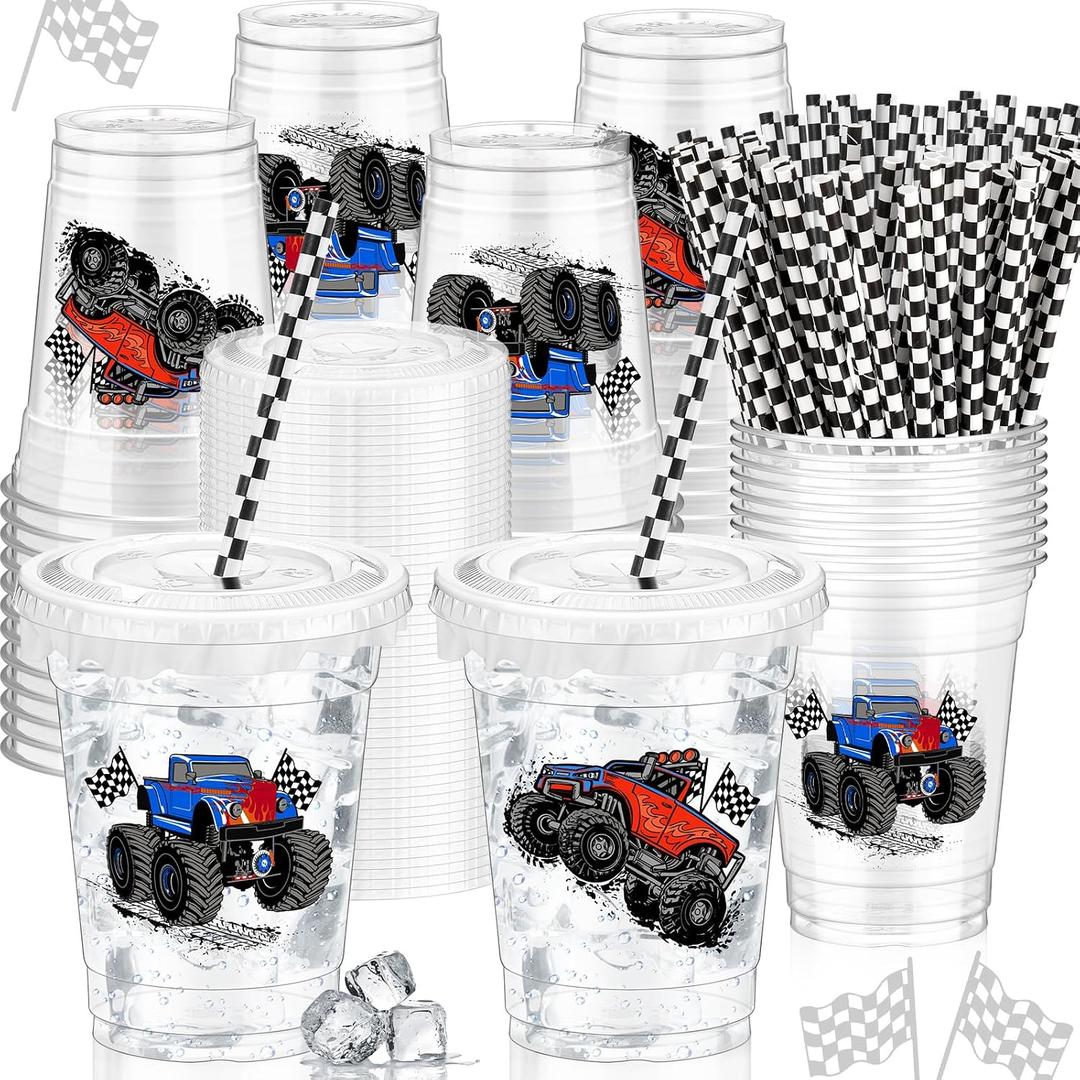 Teenyyou 50 Pcs 12 oz Disposable Plastic Cups with Straws, Lids and Leakproof Paper Clear Birthday Party Cups Supplies Birthday Table Decorations(Monster Truck,Black, White)