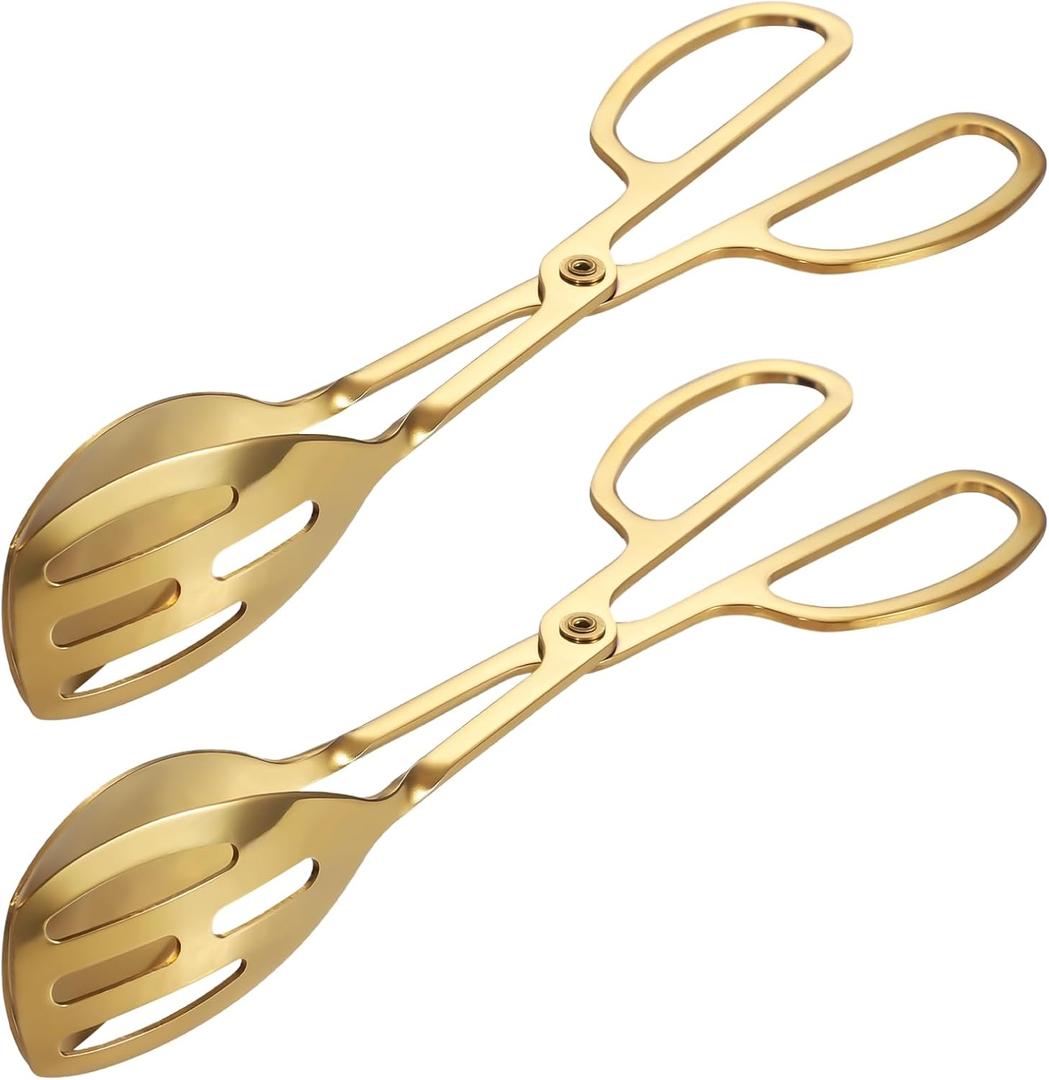 OMISTAR Gold Buffet Tongs Salad Tong Set of 2-10 Inch Double-Sided Stainless Steel Food Serving Bread Tongs with Scissor Handles for Cooking Buffet Catering Bread Pastry Dessert BBQ